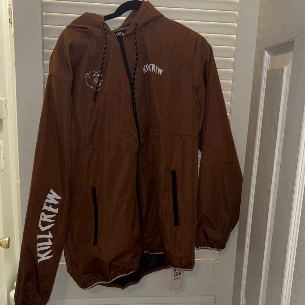 Kill Crew Brown Hooded Windbreaker with Graphic Sleeve Logo